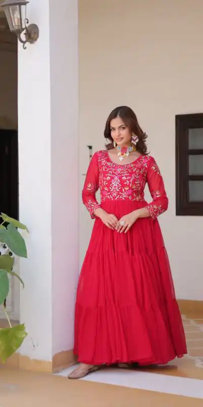 Ram 082 Red Fox Georgette Gown Perfect for Wedding, Party, Sangeet, Durga Puja, Reception – . Grab it for ₹1849. Delivery 4-6 Working Days. Shop now. | Casual Suits, Jump Suits, Creative suits, Designer Suits, Palazzo Suits, Party Wear Suits, Patiala Suits, Salwar suit, Straight Suits