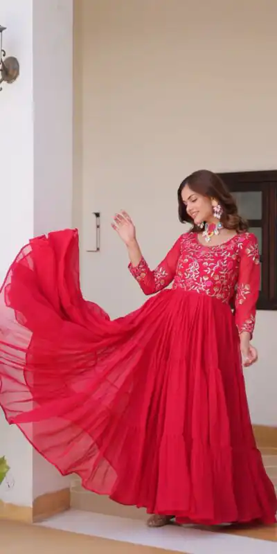 Ram 082 Red Fox Georgette Gown Perfect for Wedding, Party, Sangeet, Durga Puja, Reception – . Grab it for ₹1849. Delivery 4-6 Working Days. Shop now. | Casual Suits, Jump Suits, Creative suits, Designer Suits, Palazzo Suits, Party Wear Suits, Patiala Suits, Salwar suit, Straight Suits