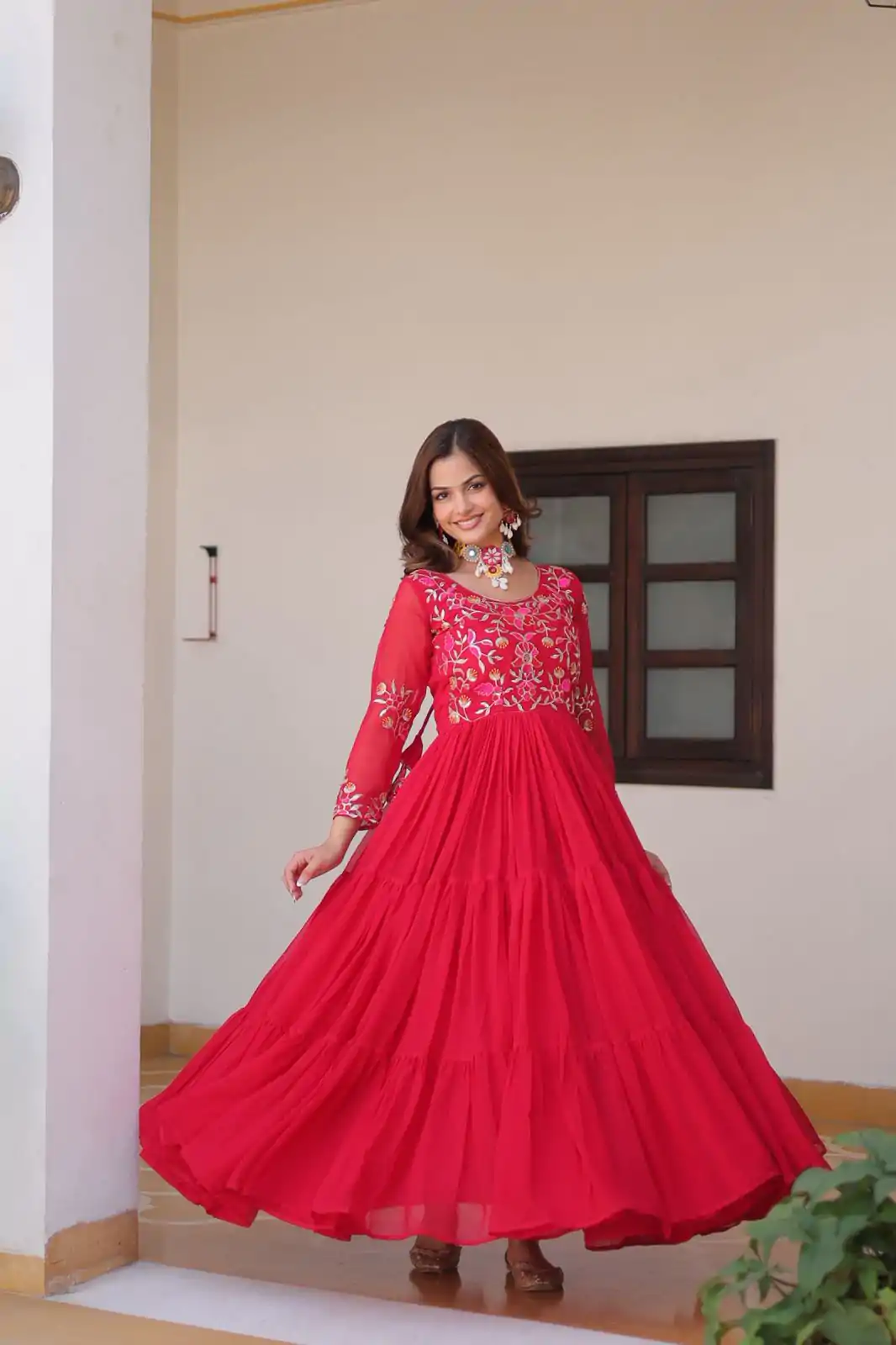 Ram 082 Red Fox Georgette Gown Perfect for Wedding, Party, Sangeet, Durga Puja, Reception – . Grab it for ₹1849. Delivery 4-6 Working Days. Shop now. | Casual Suits, Jump Suits, Creative suits, Designer Suits, Palazzo Suits, Party Wear Suits, Patiala Suits, Salwar suit, Straight Suits