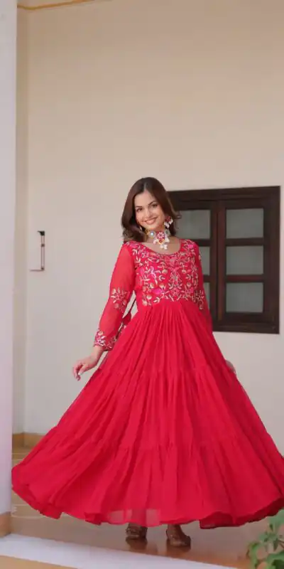 Ram 082 Red Fox Georgette Gown Perfect for Wedding, Party, Sangeet, Durga Puja, Reception – . Grab it for ₹1849. Delivery 4-6 Working Days. Shop now. | Casual Suits, Jump Suits, Creative suits, Designer Suits, Palazzo Suits, Party Wear Suits, Patiala Suits, Salwar suit, Straight Suits