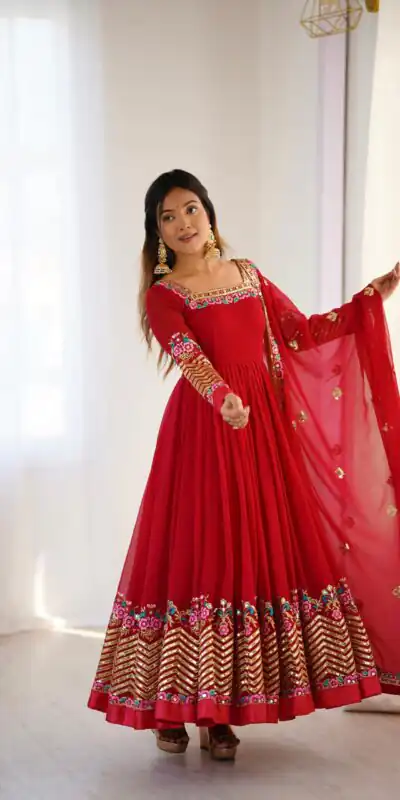 ZF 5010 Red Georgette Gown Perfect for Wedding, Party, Pooja, Ethnic Day, Karwa Chauth – . Best Price ₹2049. Delivery 4-6 Working Days. Shop now. | Casual Suits, Jump Suits, Creative suits, Designer Suits, Palazzo Suits, Party Wear Suits, Patiala Suits, Salwar suit, Straight Suits