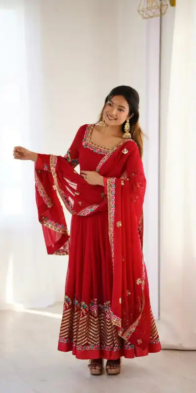 ZF 5010 Red Georgette Gown Perfect for Wedding, Party, Pooja, Ethnic Day, Karwa Chauth – . Best Price ₹2049. Delivery 4-6 Working Days. Shop now. | Casual Suits, Jump Suits, Creative suits, Designer Suits, Palazzo Suits, Party Wear Suits, Patiala Suits, Salwar suit, Straight Suits