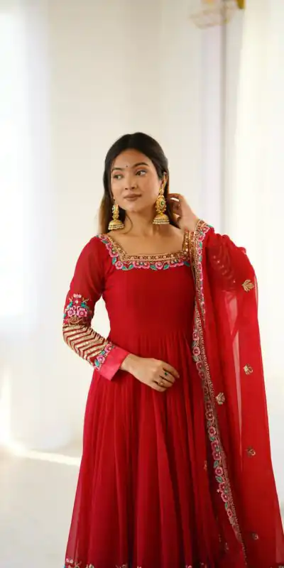 ZF 5010 Red Georgette Gown Perfect for Wedding, Party, Pooja, Ethnic Day, Karwa Chauth – . Best Price ₹2049. Delivery 4-6 Working Days. Shop now. | Casual Suits, Jump Suits, Creative suits, Designer Suits, Palazzo Suits, Party Wear Suits, Patiala Suits, Salwar suit, Straight Suits