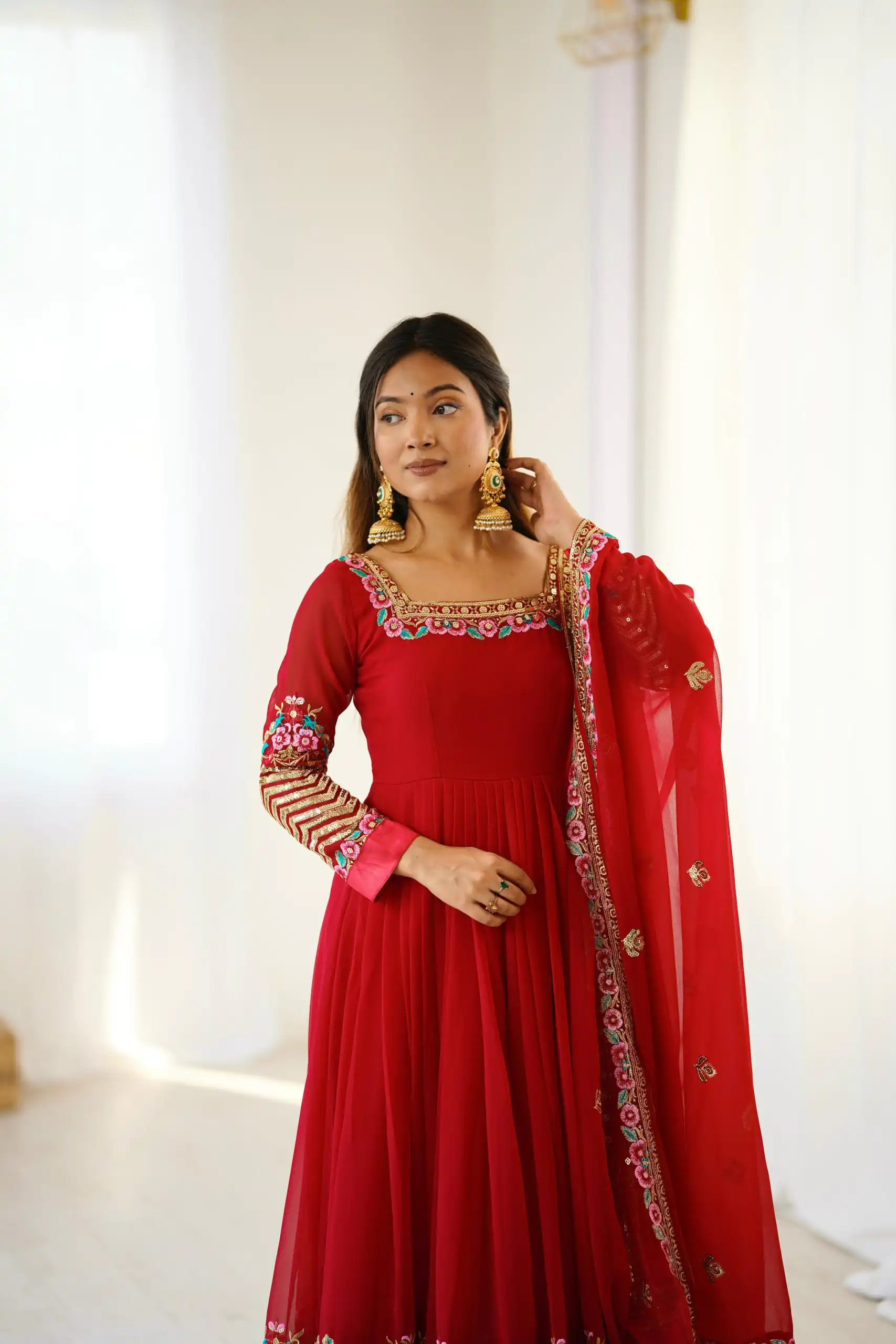 ZF 5010 Red Georgette Gown Perfect for Wedding, Party, Pooja, Ethnic Day, Karwa Chauth – . Best Price ₹2049. Delivery 4-6 Working Days. Shop now. | Casual Suits, Jump Suits, Creative suits, Designer Suits, Palazzo Suits, Party Wear Suits, Patiala Suits, Salwar suit, Straight Suits