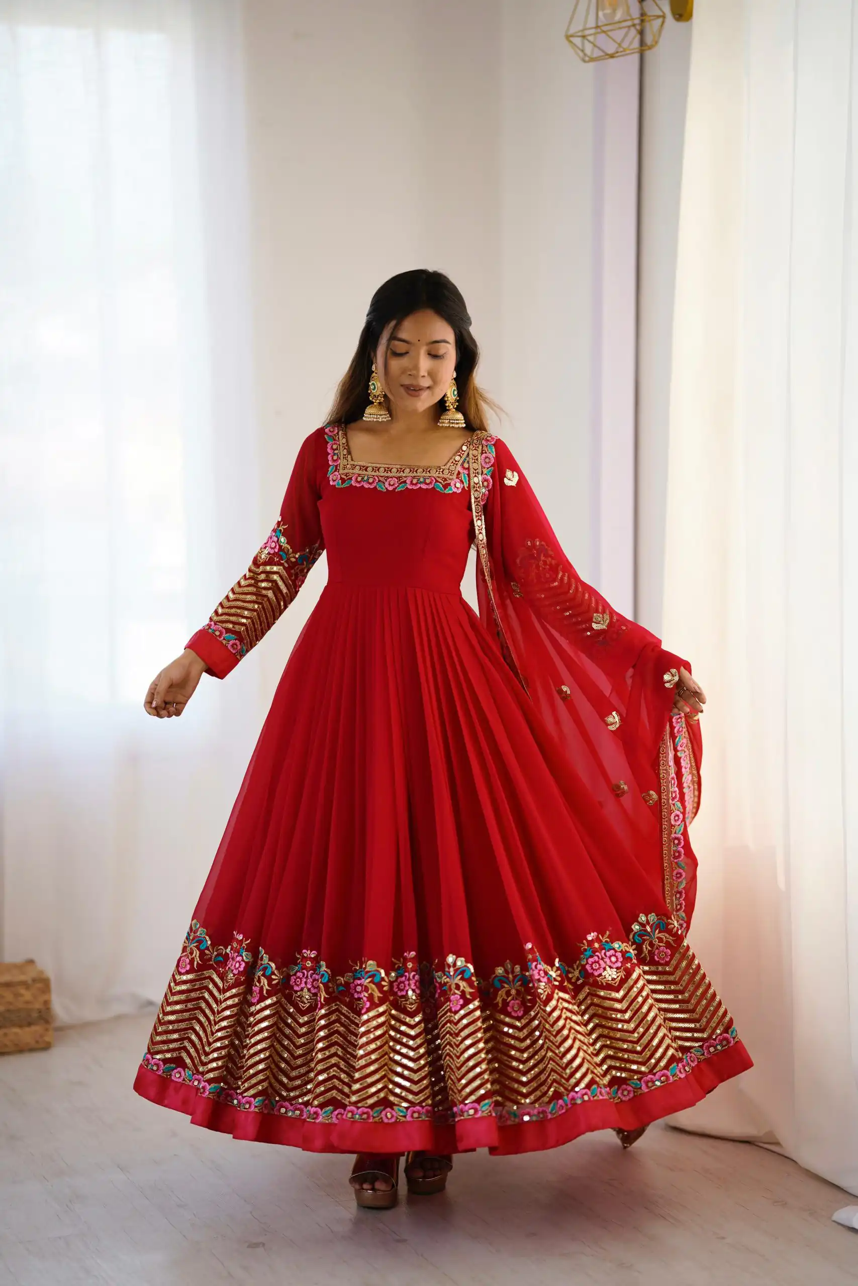 ZF 5010 Red Georgette Gown Perfect for Wedding, Party, Pooja, Ethnic Day, Karwa Chauth – . Best Price ₹2049. Delivery 4-6 Working Days. Shop now. | Casual Suits, Jump Suits, Creative suits, Designer Suits, Palazzo Suits, Party Wear Suits, Patiala Suits, Salwar suit, Straight Suits