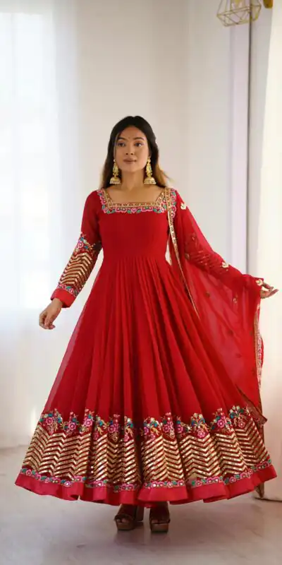 ZF 5010 Red Georgette Gown Perfect for Wedding, Party, Pooja, Ethnic Day, Karwa Chauth – . Best Price ₹2049. Delivery 4-6 Working Days. Shop now. | Casual Suits, Jump Suits, Creative suits, Designer Suits, Palazzo Suits, Party Wear Suits, Patiala Suits, Salwar suit, Straight Suits
