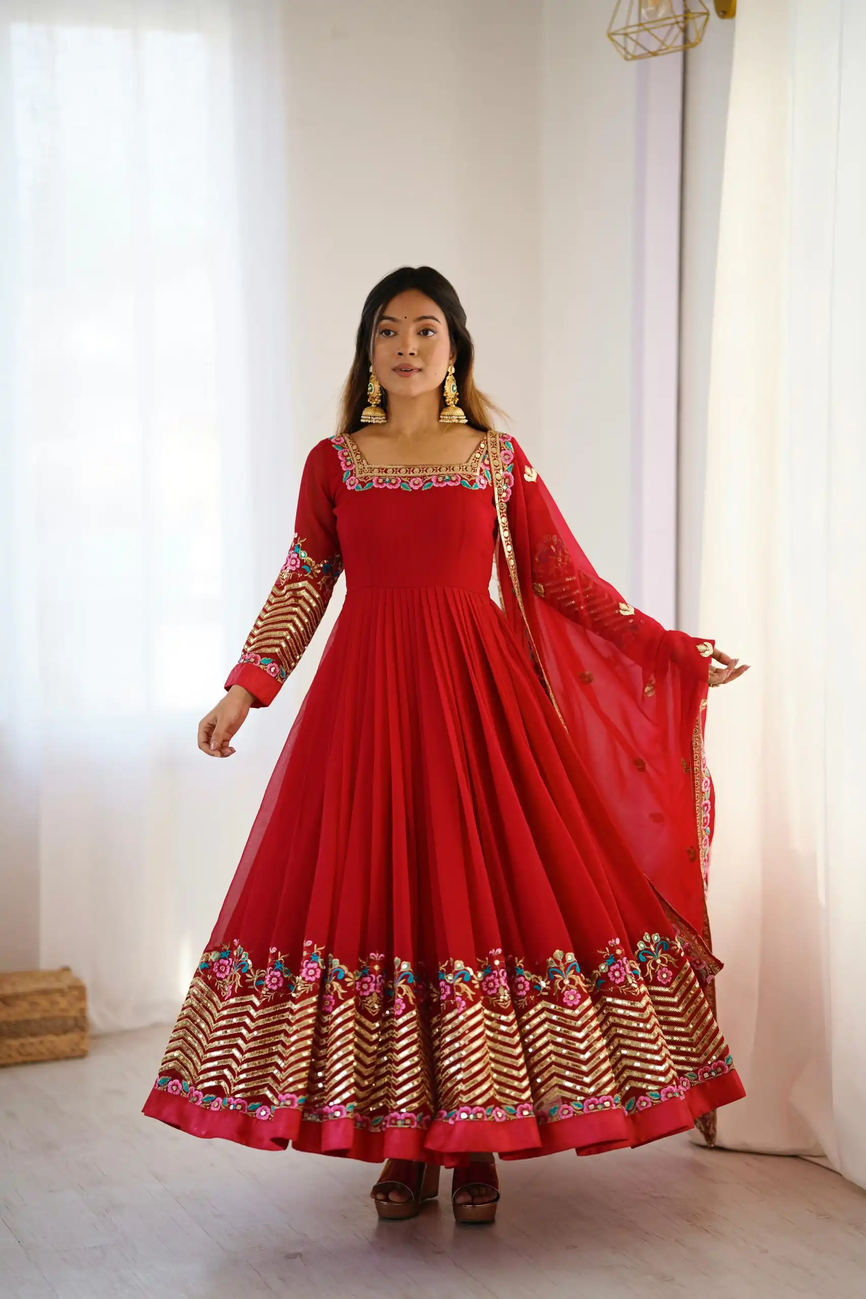 ZF 5010 Red Georgette Gown Perfect for Wedding, Party, Pooja, Ethnic Day, Karwa Chauth – . Best Price ₹2049. Delivery 4-6 Working Days. Shop now. | Casual Suits, Jump Suits, Creative suits, Designer Suits, Palazzo Suits, Party Wear Suits, Patiala Suits, Salwar suit, Straight Suits