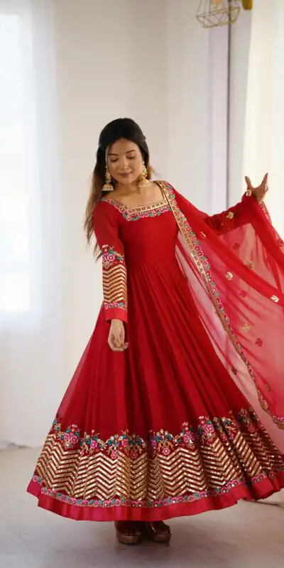 ZF 5010 Red Georgette Gown Perfect for Wedding, Party, Pooja, Ethnic Day, Karwa Chauth – . Best Price ₹2049. Delivery 4-6 Working Days. Shop now. | Casual Suits, Jump Suits, Creative suits, Designer Suits, Palazzo Suits, Party Wear Suits, Patiala Suits, Salwar suit, Straight Suits