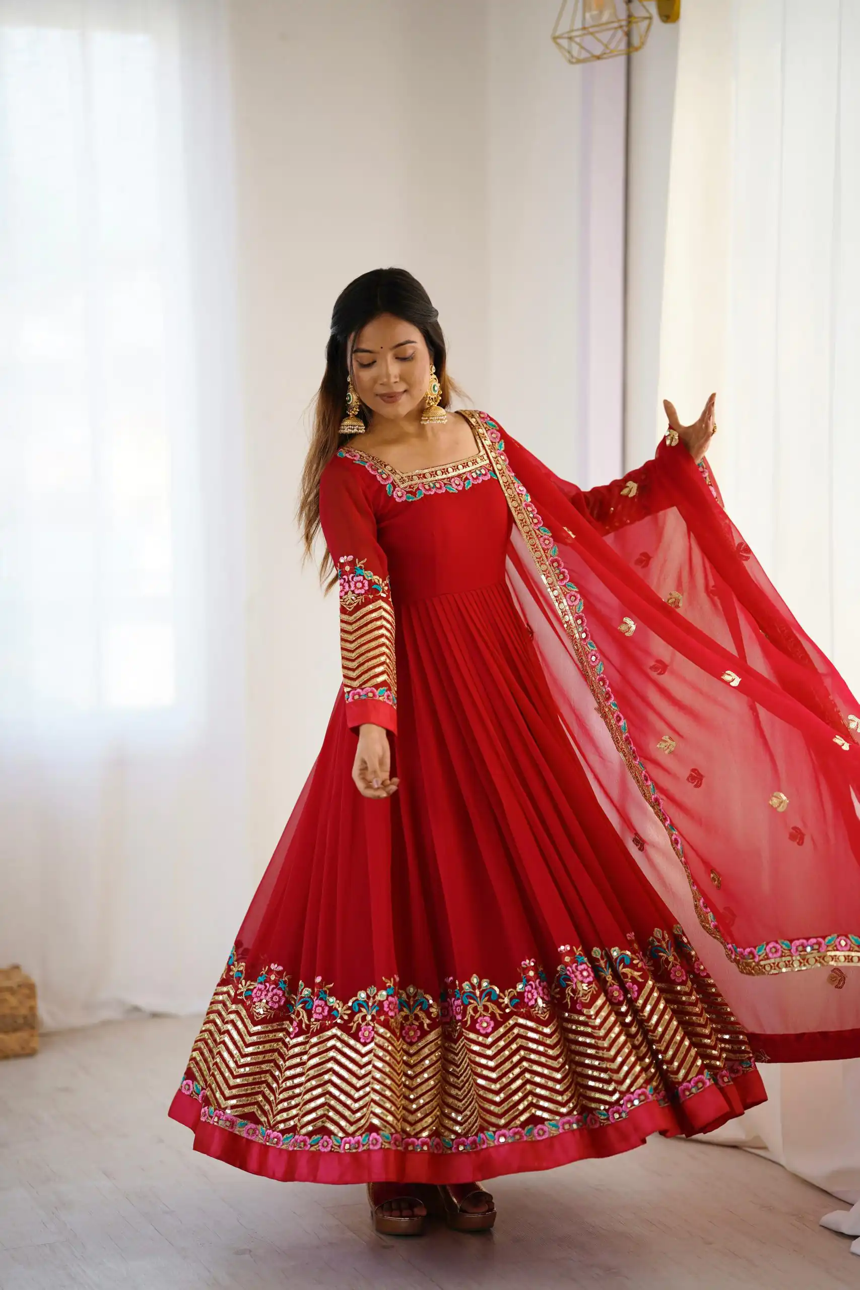 ZF 5010 Red Georgette Gown Perfect for Wedding, Party, Pooja, Ethnic Day, Karwa Chauth – . Best Price ₹2049. Delivery 4-6 Working Days. Shop now. | Casual Suits, Jump Suits, Creative suits, Designer Suits, Palazzo Suits, Party Wear Suits, Patiala Suits, Salwar suit, Straight Suits