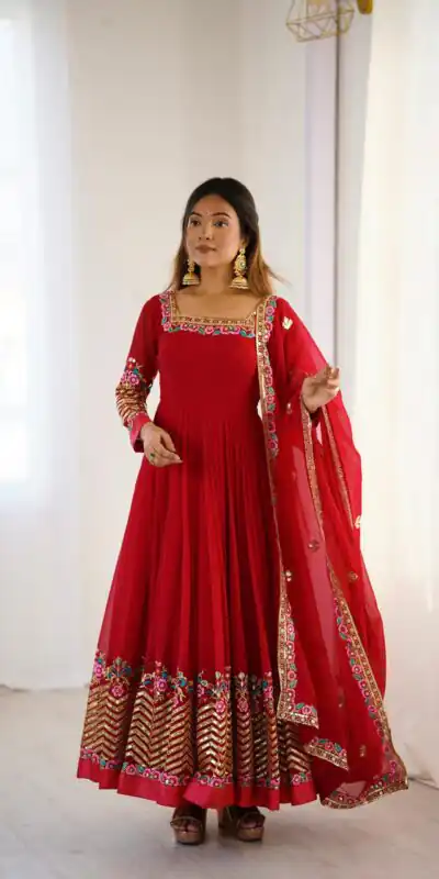 ZF 5010 Red Georgette Gown Perfect for Wedding, Party, Pooja, Ethnic Day, Karwa Chauth – . Best Price ₹2049. Delivery 4-6 Working Days. Shop now. | Casual Suits, Jump Suits, Creative suits, Designer Suits, Palazzo Suits, Party Wear Suits, Patiala Suits, Salwar suit, Straight Suits