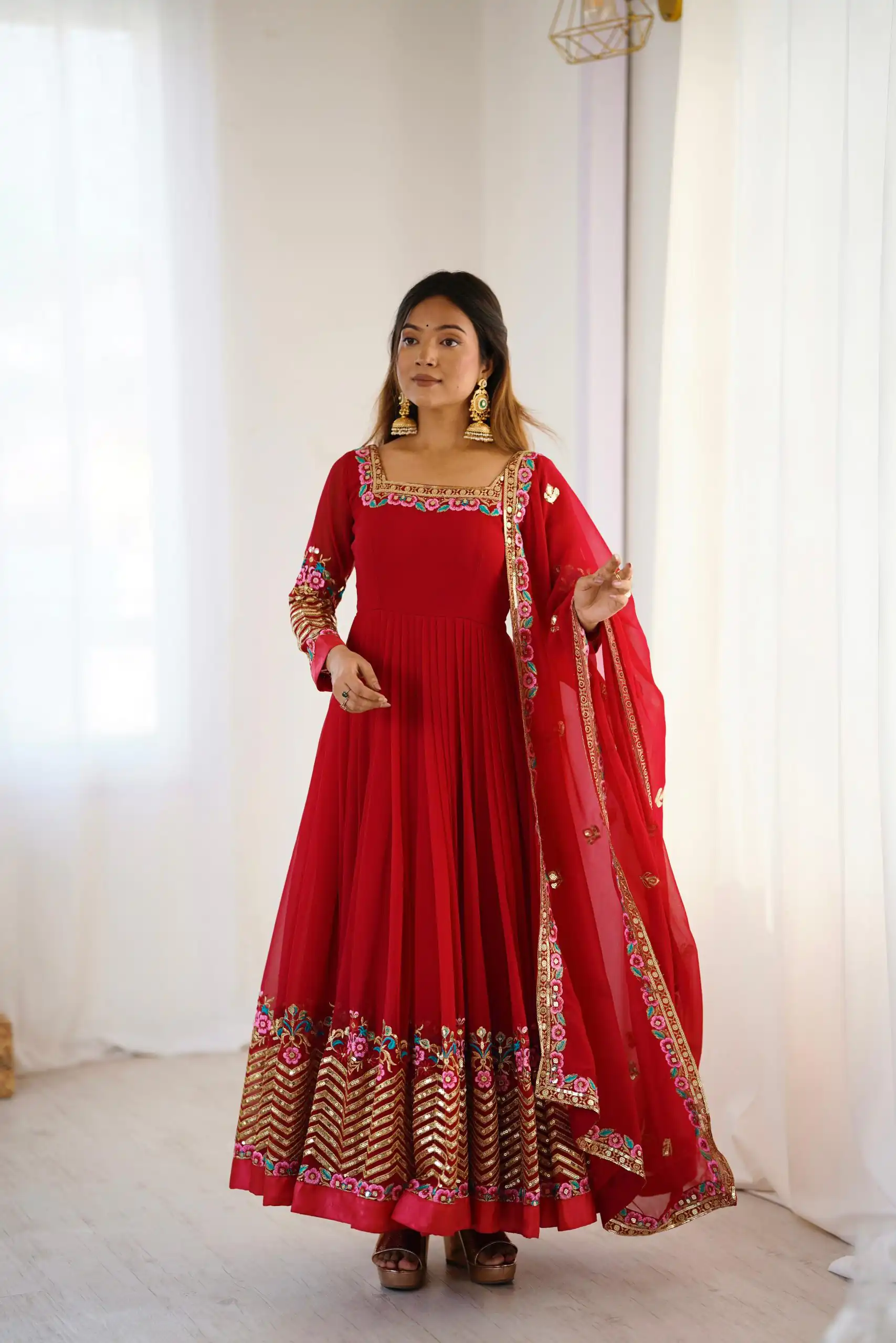 ZF 5010 Red Georgette Gown Perfect for Wedding, Party, Pooja, Ethnic Day, Karwa Chauth – . Best Price ₹2049. Delivery 4-6 Working Days. Shop now. | Casual Suits, Jump Suits, Creative suits, Designer Suits, Palazzo Suits, Party Wear Suits, Patiala Suits, Salwar suit, Straight Suits