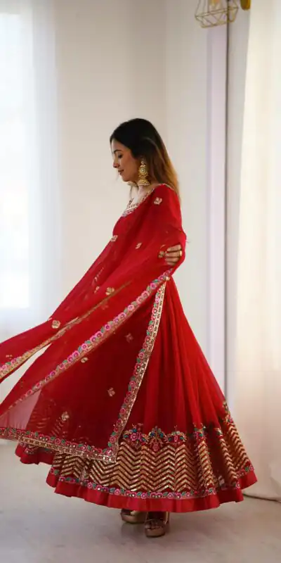 ZF 5010 Red Georgette Gown Perfect for Wedding, Party, Pooja, Ethnic Day, Karwa Chauth – . Best Price ₹2049. Delivery 4-6 Working Days. Shop now. | Casual Suits, Jump Suits, Creative suits, Designer Suits, Palazzo Suits, Party Wear Suits, Patiala Suits, Salwar suit, Straight Suits