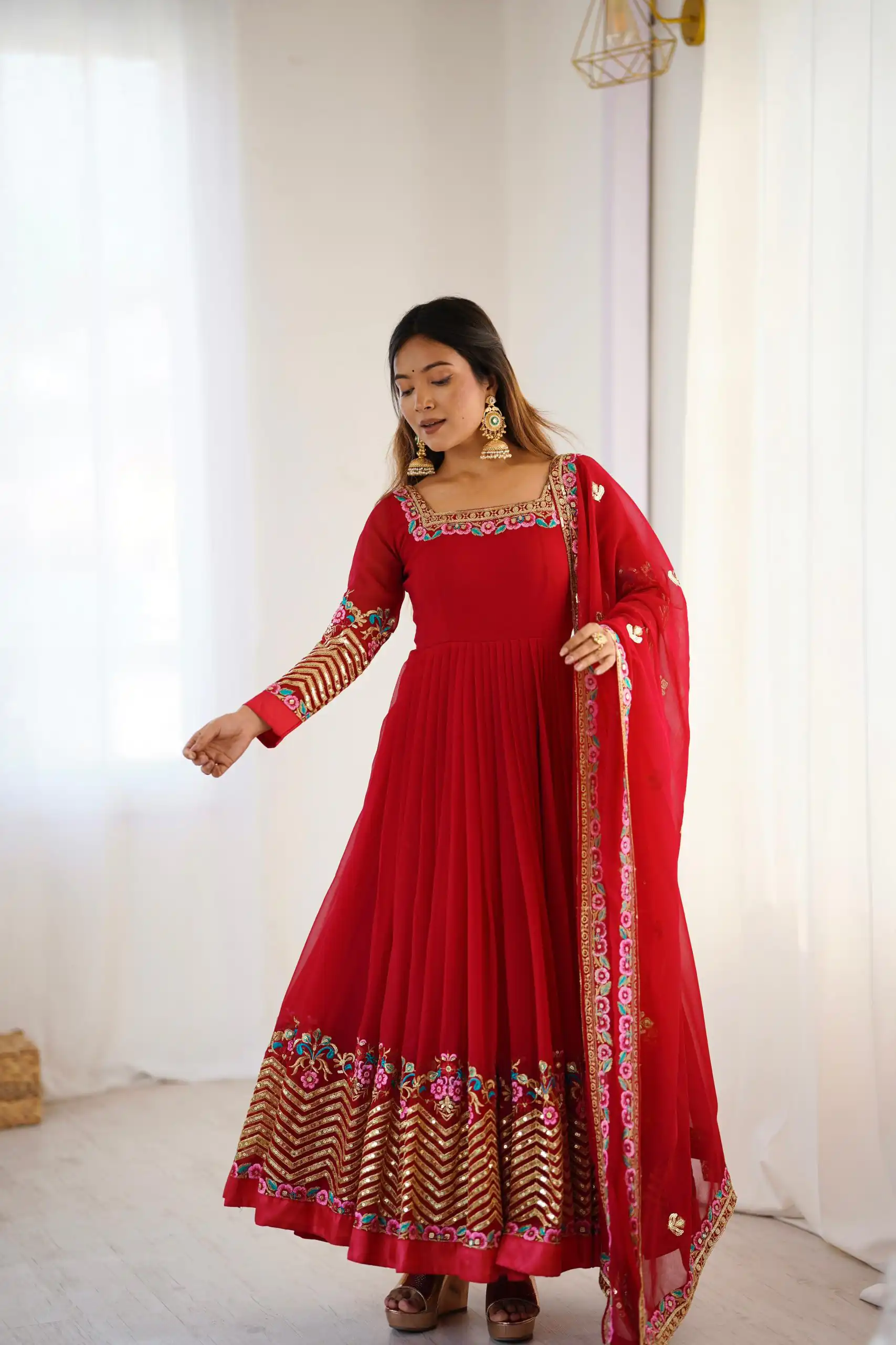 ZF 5010 Red Georgette Gown Perfect for Wedding, Party, Pooja, Ethnic Day, Karwa Chauth – . Best Price ₹2049. Delivery 4-6 Working Days. Shop now. | Casual Suits, Jump Suits, Creative suits, Designer Suits, Palazzo Suits, Party Wear Suits, Patiala Suits, Salwar suit, Straight Suits
