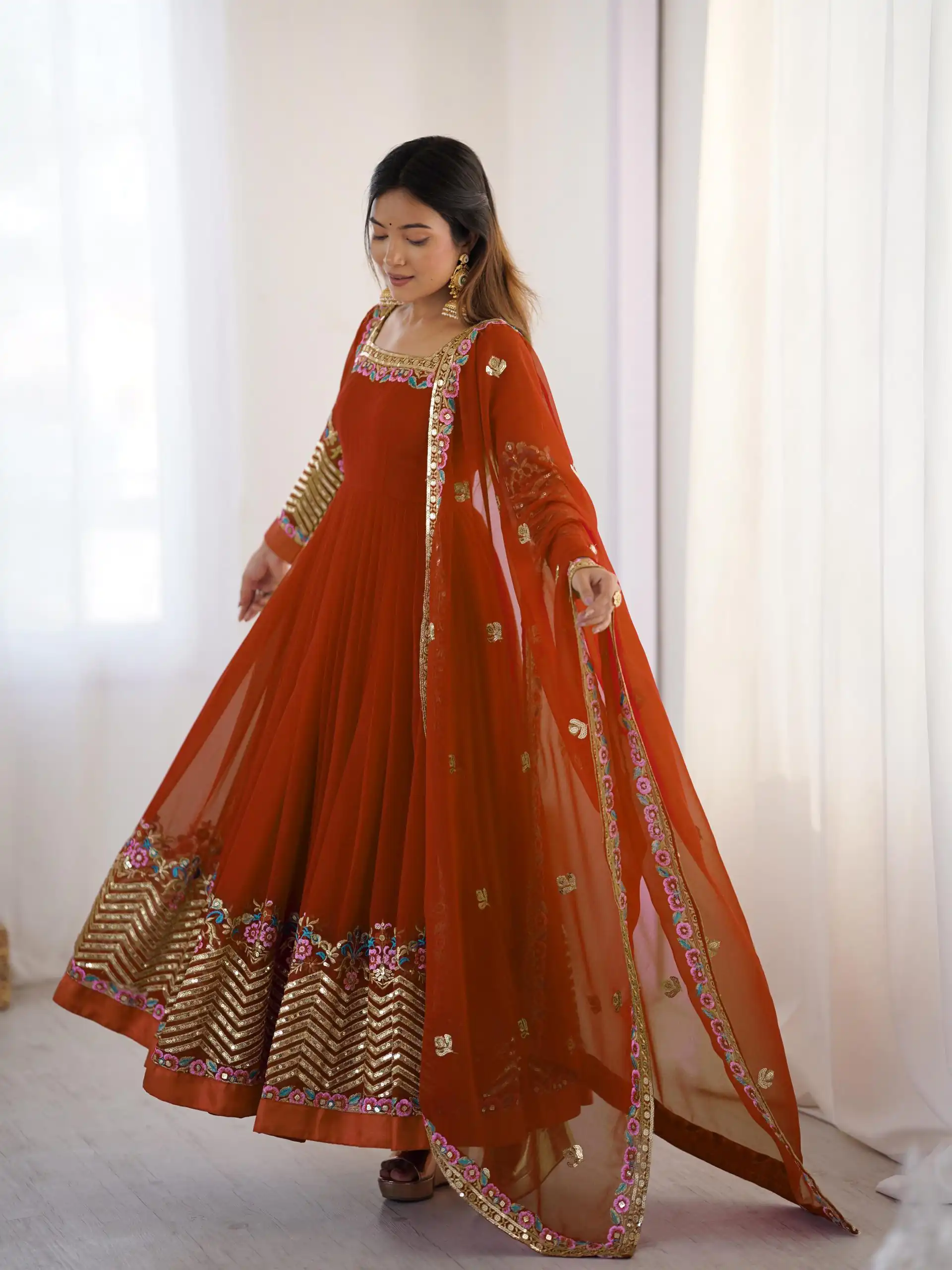 ZF 5010 Rust Georgette Gown Perfect for Wedding, Party, Pooja, Ethnic Day, Karwa Chauth – . Best Price ₹2049. Delivery 4-6 Working Days. Shop now. | Casual Suits, Jump Suits, Creative suits, Designer Suits, Palazzo Suits, Party Wear Suits, Patiala Suits, Salwar suit, Straight Suits