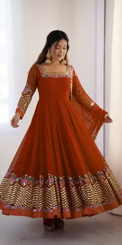 ZF 5010 Rust Georgette Gown Perfect for Wedding, Party, Pooja, Ethnic Day, Karwa Chauth – . Best Price ₹2049. Delivery 4-6 Working Days. Shop now. | Casual Suits, Jump Suits, Creative suits, Designer Suits, Palazzo Suits, Party Wear Suits, Patiala Suits, Salwar suit, Straight Suits