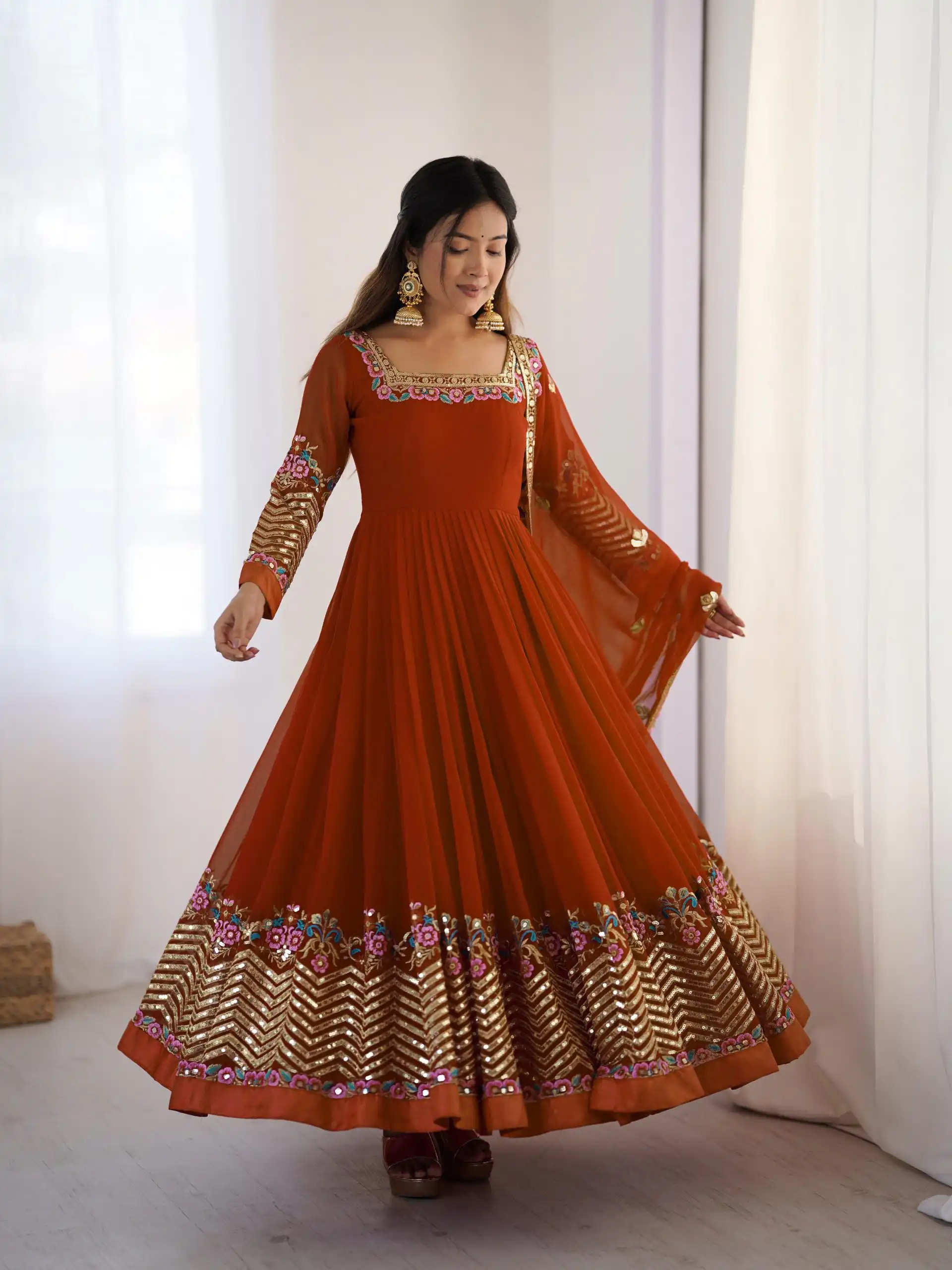 ZF 5010 Rust Georgette Gown Perfect for Wedding, Party, Pooja, Ethnic Day, Karwa Chauth – . Best Price ₹2049. Delivery 4-6 Working Days. Shop now. | Casual Suits, Jump Suits, Creative suits, Designer Suits, Palazzo Suits, Party Wear Suits, Patiala Suits, Salwar suit, Straight Suits