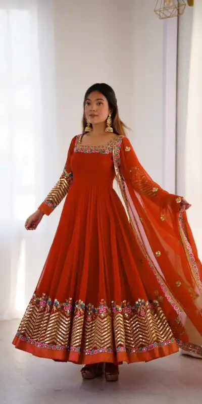ZF 5010 Rust Georgette Gown Perfect for Wedding, Party, Pooja, Ethnic Day, Karwa Chauth – . Best Price ₹2049. Delivery 4-6 Working Days. Shop now. | Casual Suits, Jump Suits, Creative suits, Designer Suits, Palazzo Suits, Party Wear Suits, Patiala Suits, Salwar suit, Straight Suits