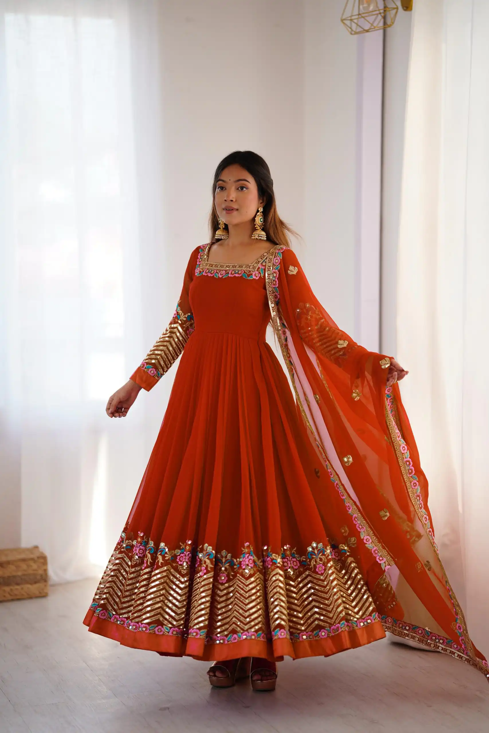 ZF 5010 Rust Georgette Gown Perfect for Wedding, Party, Pooja, Ethnic Day, Karwa Chauth – . Best Price ₹2049. Delivery 4-6 Working Days. Shop now. | Casual Suits, Jump Suits, Creative suits, Designer Suits, Palazzo Suits, Party Wear Suits, Patiala Suits, Salwar suit, Straight Suits