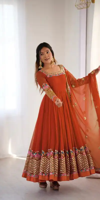 ZF 5010 Rust Georgette Gown Perfect for Wedding, Party, Pooja, Ethnic Day, Karwa Chauth – . Best Price ₹2049. Delivery 4-6 Working Days. Shop now. | Casual Suits, Jump Suits, Creative suits, Designer Suits, Palazzo Suits, Party Wear Suits, Patiala Suits, Salwar suit, Straight Suits