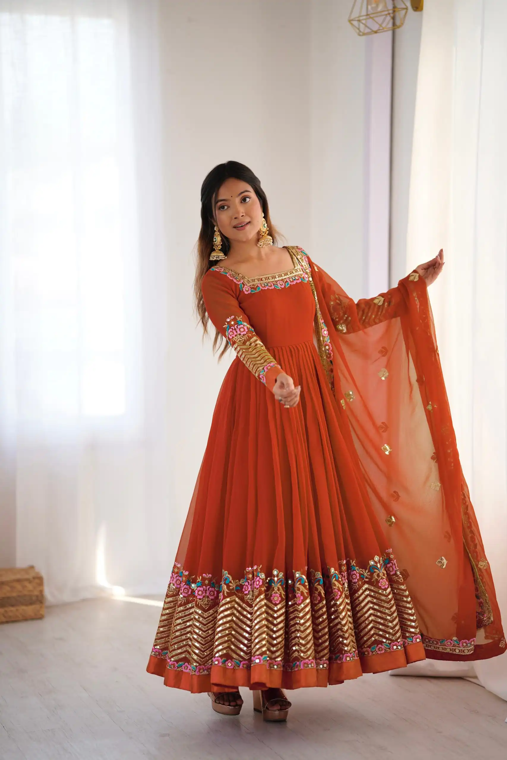 ZF 5010 Rust Georgette Gown Perfect for Wedding, Party, Pooja, Ethnic Day, Karwa Chauth – . Best Price ₹2049. Delivery 4-6 Working Days. Shop now. | Casual Suits, Jump Suits, Creative suits, Designer Suits, Palazzo Suits, Party Wear Suits, Patiala Suits, Salwar suit, Straight Suits