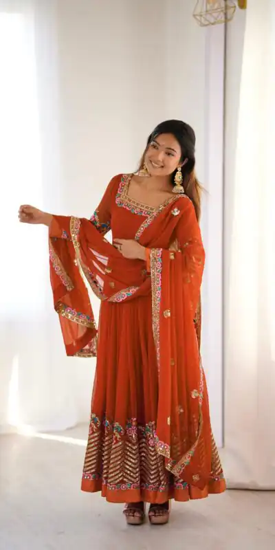 ZF 5010 Rust Georgette Gown Perfect for Wedding, Party, Pooja, Ethnic Day, Karwa Chauth – . Best Price ₹2049. Delivery 4-6 Working Days. Shop now. | Casual Suits, Jump Suits, Creative suits, Designer Suits, Palazzo Suits, Party Wear Suits, Patiala Suits, Salwar suit, Straight Suits