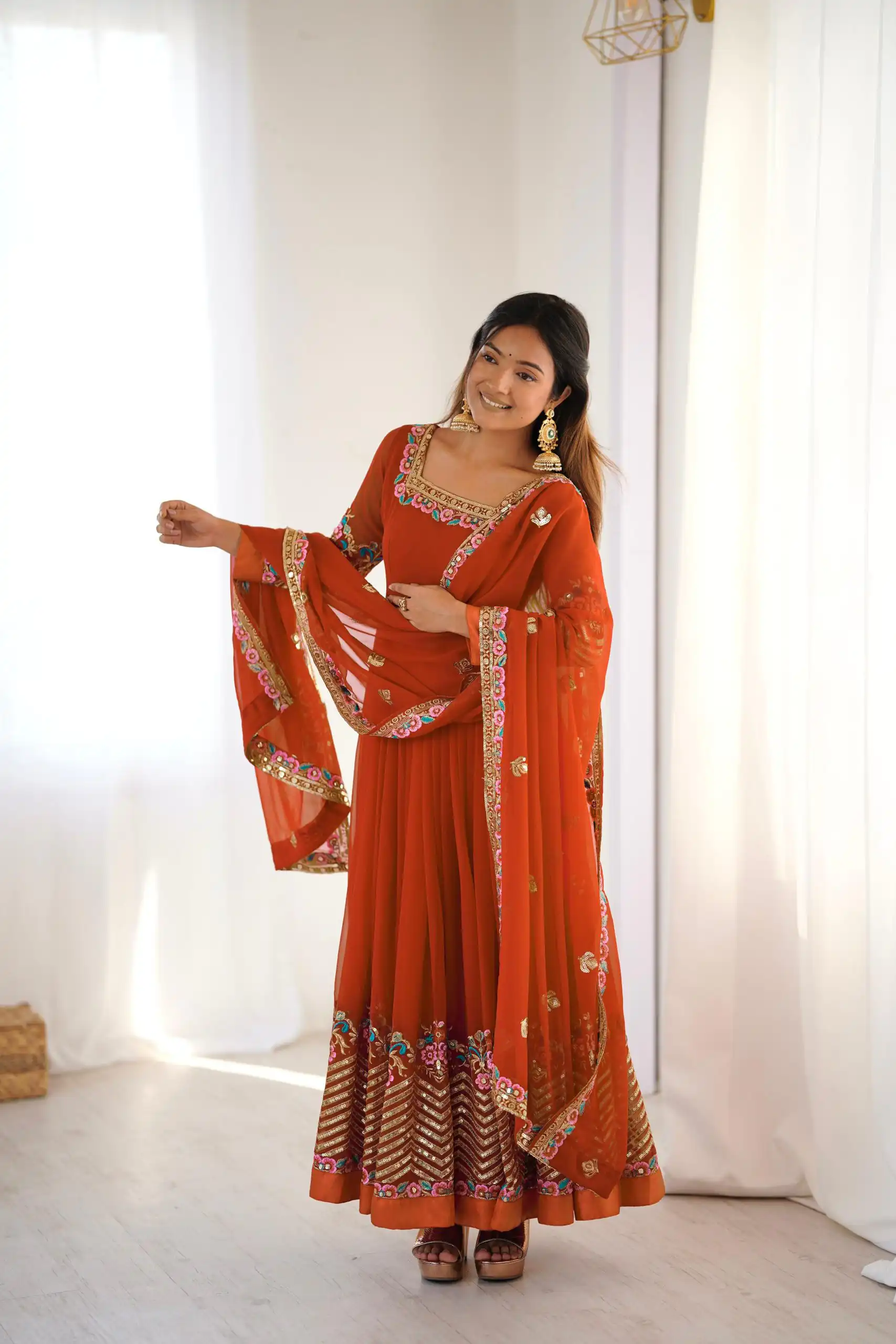 ZF 5010 Rust Georgette Gown Perfect for Wedding, Party, Pooja, Ethnic Day, Karwa Chauth – . Best Price ₹2049. Delivery 4-6 Working Days. Shop now. | Casual Suits, Jump Suits, Creative suits, Designer Suits, Palazzo Suits, Party Wear Suits, Patiala Suits, Salwar suit, Straight Suits