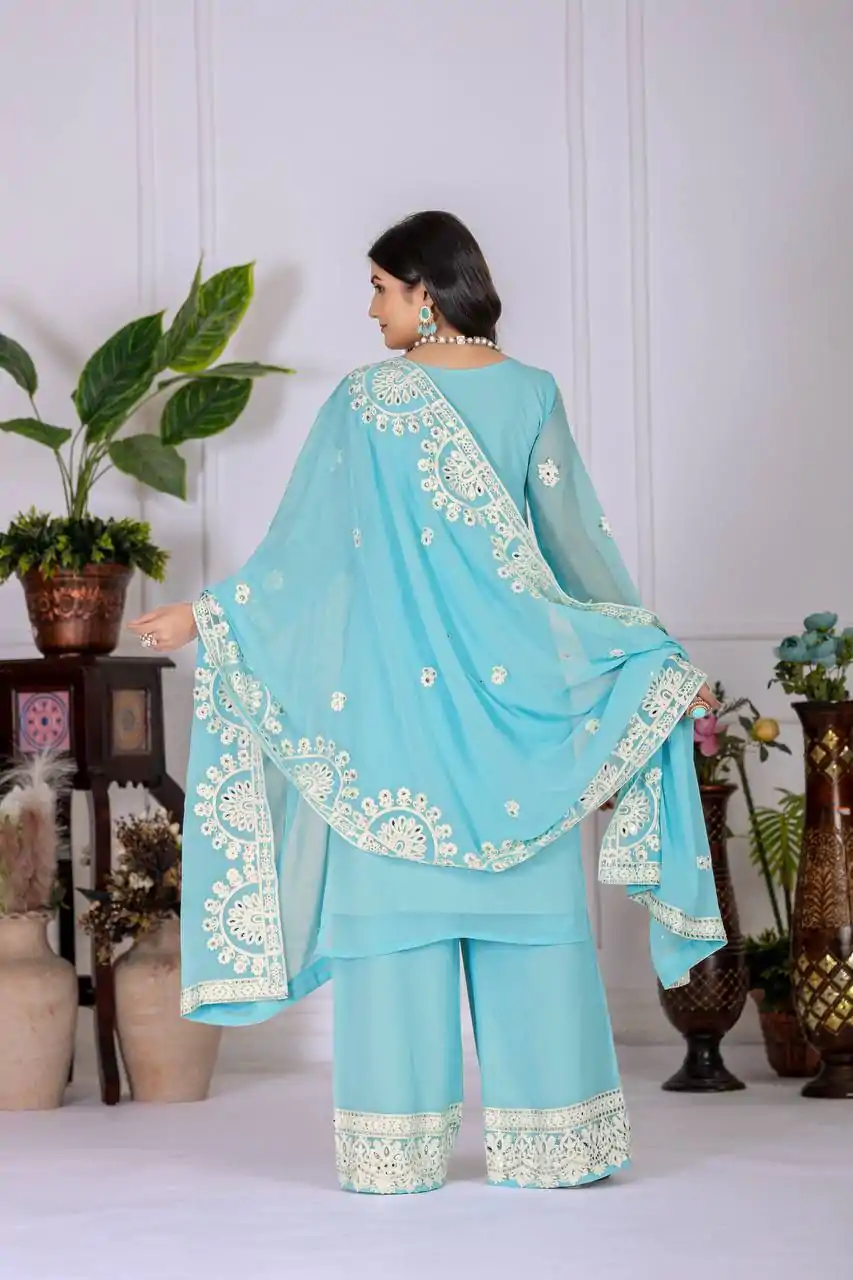 KF 1688 Sky Blue Faux Georgette with Embroidery Work & Mirror Work Salwar Suit . Exclusive Offer ₹2099. Delivery 4-6 Working Days. Shop now. | Casual Suits, Jump Suits, Creative suits, Designer Suits, Palazzo Suits, Party Wear Suits, Patiala Suits, Salwar suit, Straight Suits