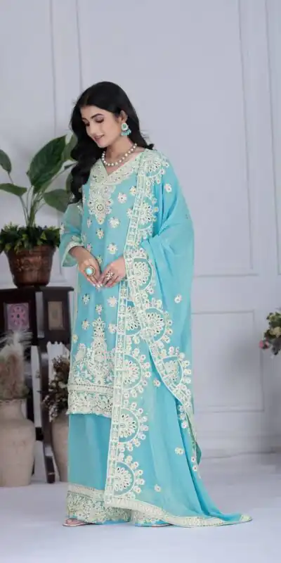 KF 1688 Sky Blue Faux Georgette with Embroidery Work & Mirror Work Salwar Suit . Exclusive Offer ₹2099. Delivery 4-6 Working Days. Shop now. | Casual Suits, Jump Suits, Creative suits, Designer Suits, Palazzo Suits, Party Wear Suits, Patiala Suits, Salwar suit, Straight Suits
