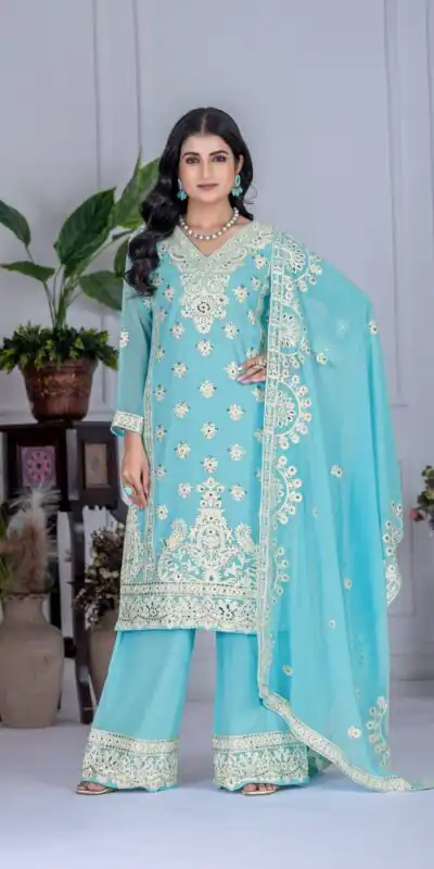 KF 1688 Sky Blue Faux Georgette with Embroidery Work & Mirror Work Salwar Suit . Exclusive Offer ₹2099. Delivery 4-6 Working Days. Shop now. | Casual Suits, Jump Suits, Creative suits, Designer Suits, Palazzo Suits, Party Wear Suits, Patiala Suits, Salwar suit, Straight Suits