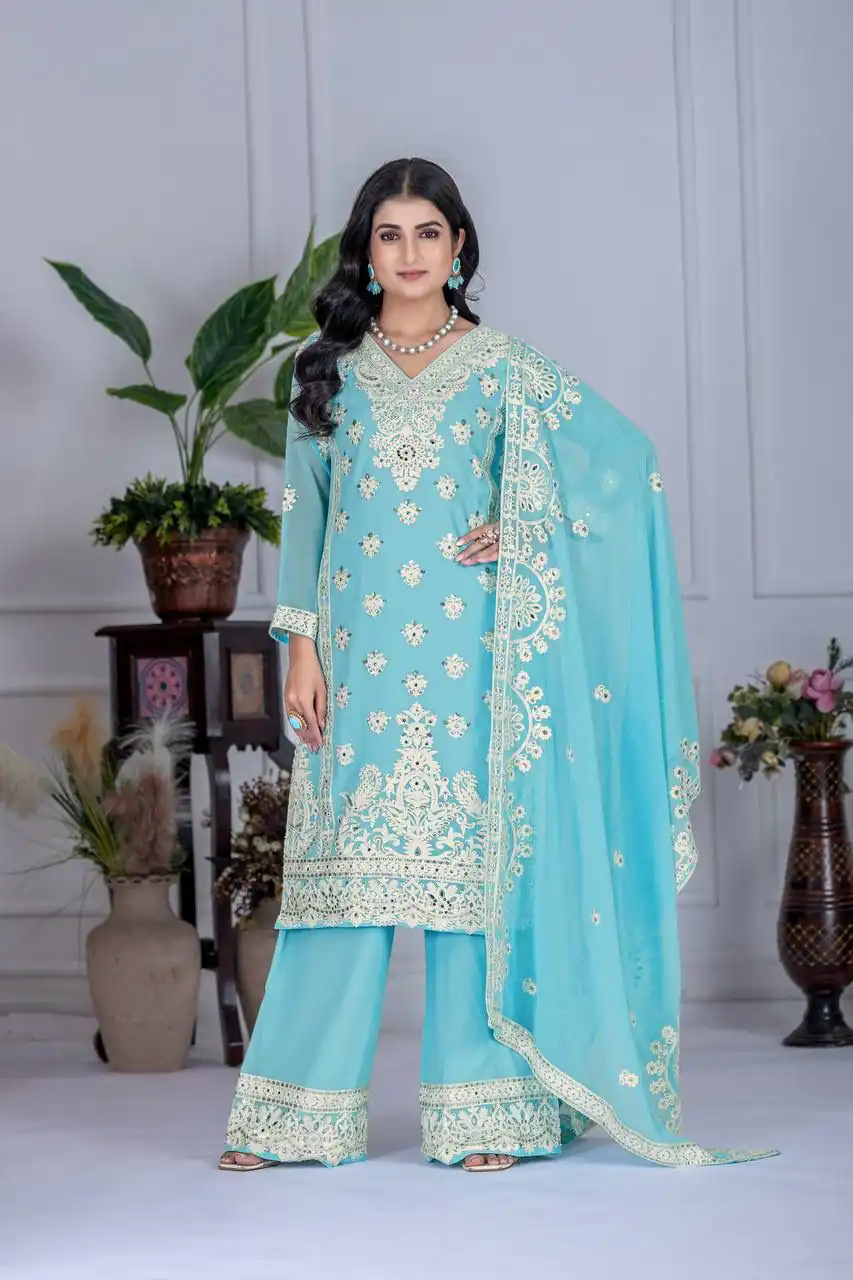 KF 1688 Sky Blue Faux Georgette with Embroidery Work & Mirror Work Salwar Suit . Exclusive Offer ₹2099. Delivery 4-6 Working Days. Shop now. | Casual Suits, Jump Suits, Creative suits, Designer Suits, Palazzo Suits, Party Wear Suits, Patiala Suits, Salwar suit, Straight Suits