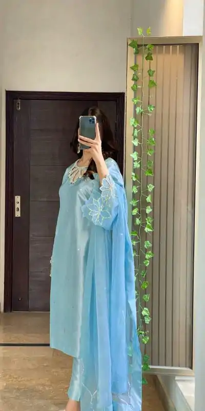 LG 1953 Sky Blue Moss Satin Salwar Suit with Embroidery Work & Bead Work. Now at just ₹1999. Delivery 4-6 Working Days. Shop now. | Casual Suits, Jump Suits, Creative suits, Designer Suits, Palazzo Suits, Party Wear Suits, Patiala Suits, Salwar suit, Straight Suits