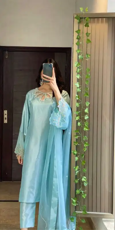 LG 1953 Sky Blue Moss Satin Salwar Suit with Embroidery Work & Bead Work. Now at just ₹1999. Delivery 4-6 Working Days. Shop now. | Casual Suits, Jump Suits, Creative suits, Designer Suits, Palazzo Suits, Party Wear Suits, Patiala Suits, Salwar suit, Straight Suits