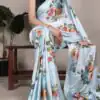 YNF 7004 Sky Blue Color Satin Silk Floral Printed Designer Work Saree . Grab it for ₹1549. Delivery 4-6 Working Days. Shop now. | Creative Sarees, Embroidered Sarees, Bollywood Sarees, Designer Sarees, Ethnic Saree, Modern Digital sarees, Party Wear Sarees, Sarees