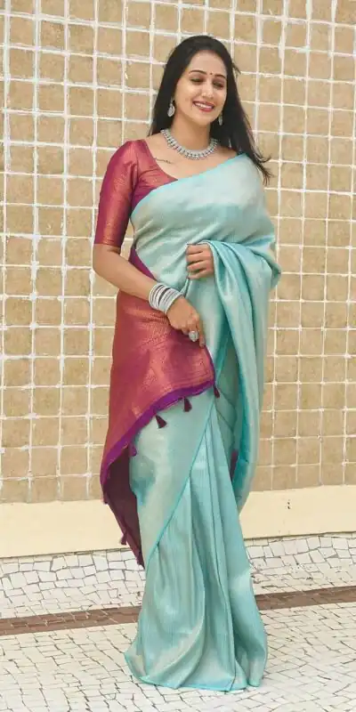 KP 4084 Sky Blue Soft Lichi Silk Saree with Lace Work & Lace Border. Festive Deal ₹1399. Delivery 4-6 Working Days. Shop now. | Creative Sarees, Embroidered Sarees, Bollywood Sarees, Designer Sarees, Ethnic Saree, Modern Digital sarees, Party Wear Sarees, Sarees