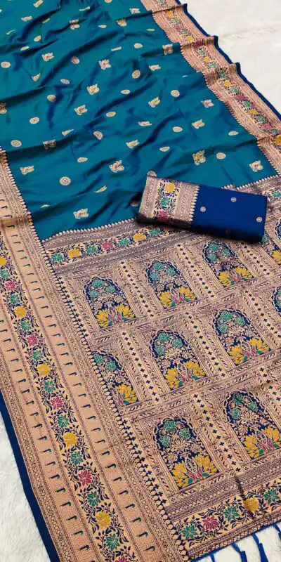 MB 18 Teal Color Banarasi silk Saree with Zari Work & Lace Work. Affordable Price ₹2449. Delivery 4-6 Working Days. Shop now. | Creative Sarees, Embroidered Sarees, Bollywood Sarees, Designer Sarees, Ethnic Saree, Modern Digital sarees, Party Wear Sarees, Sarees