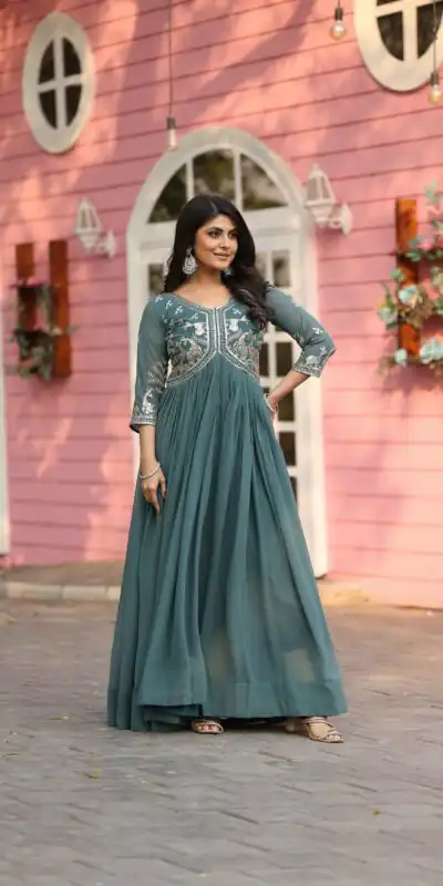 Ram 089 Teal Fox Georgette Gown with Designer Work. Wedding, Party, Festive, Events Introductory Price ₹1749. Delivery 4-6 Working Days. Shop now. | Casual Suits, Jump Suits, Creative suits, Designer Suits, Palazzo Suits, Party Wear Suits, Patiala Suits, Salwar suit, Straight Suits