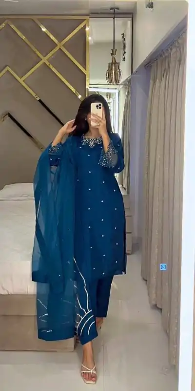 LG 1953 Teal Moss Satin Salwar Suit with Embroidery Work & Bead Work. Now at just ₹1999. Delivery 4-6 Working Days. Shop now. | Casual Suits, Jump Suits, Creative suits, Designer Suits, Palazzo Suits, Party Wear Suits, Patiala Suits, Salwar suit, Straight Suits