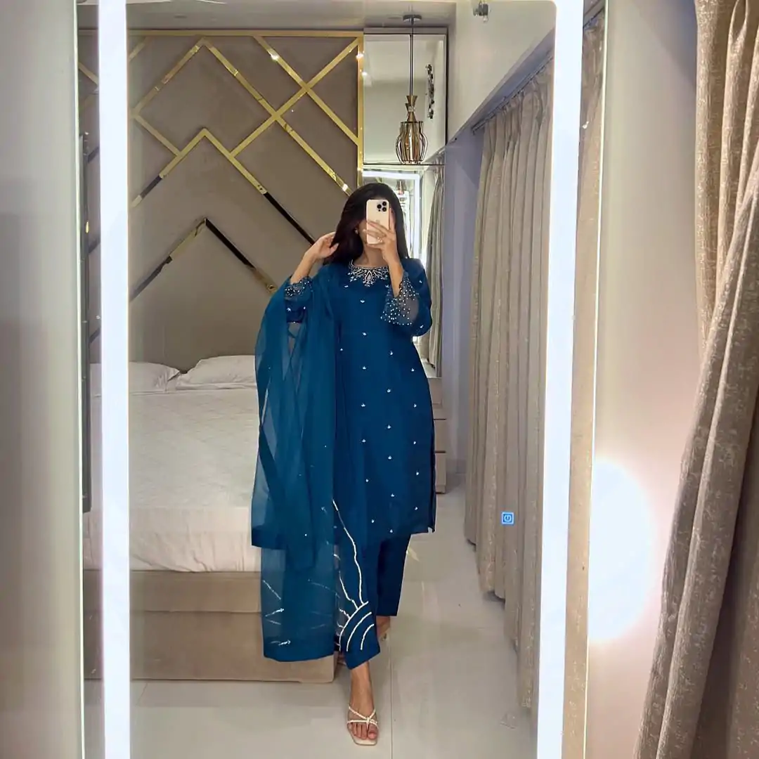 LG 1953 Teal Moss Satin Salwar Suit with Embroidery Work & Bead Work. Now at just ₹1999. Delivery 4-6 Working Days. Shop now. | Casual Suits, Jump Suits, Creative suits, Designer Suits, Palazzo Suits, Party Wear Suits, Patiala Suits, Salwar suit, Straight Suits