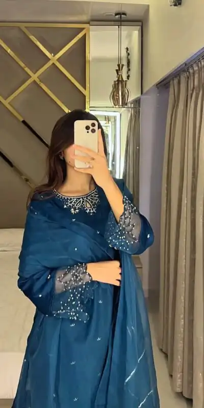 LG 1953 Teal Moss Satin Salwar Suit with Embroidery Work & Bead Work. Now at just ₹1999. Delivery 4-6 Working Days. Shop now. | Casual Suits, Jump Suits, Creative suits, Designer Suits, Palazzo Suits, Party Wear Suits, Patiala Suits, Salwar suit, Straight Suits