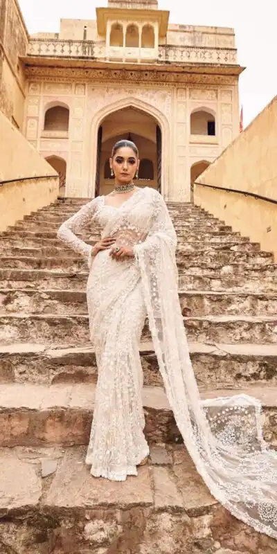 DF 3438 White Butterfly Net Saree with Sequins Work & Embroidery Work. Introductory Price ₹1799. Delivery 4-6 Working Days. Shop now. | Creative Sarees, Embroidered Sarees, Bollywood Sarees, Designer Sarees, Ethnic Saree, Modern Digital sarees, Party Wear Sarees, Sarees