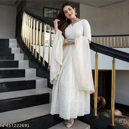 MF 511 White Cotton with Lace Work Gown . Wedding, Party, Festive, Events, Affordable Price ₹1549. Delivery 4-6 Working Days. Shop now. | Bollywood Gowns, Creative Gowns, Designer Gowns, Embroidered Gowns, Gowns, Party Wear Gowns