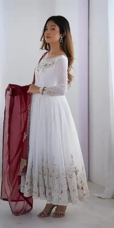 ZF 5008 White Georgette Gown with Embroidery Work. Wedding, Party, Festive, Events, Special Price ₹2049. Delivery 4-6 Working Days. Shop now. | Casual Suits, Jump Suits, Creative suits, Designer Suits, Palazzo Suits, Party Wear Suits, Patiala Suits, Salwar suit, Straight Suits