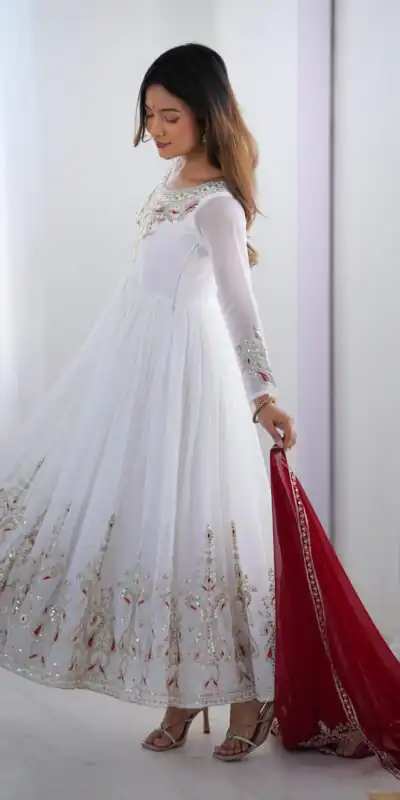 ZF 5008 White Georgette Gown with Embroidery Work. Wedding, Party, Festive, Events, Special Price ₹2049. Delivery 4-6 Working Days. Shop now. | Casual Suits, Jump Suits, Creative suits, Designer Suits, Palazzo Suits, Party Wear Suits, Patiala Suits, Salwar suit, Straight Suits