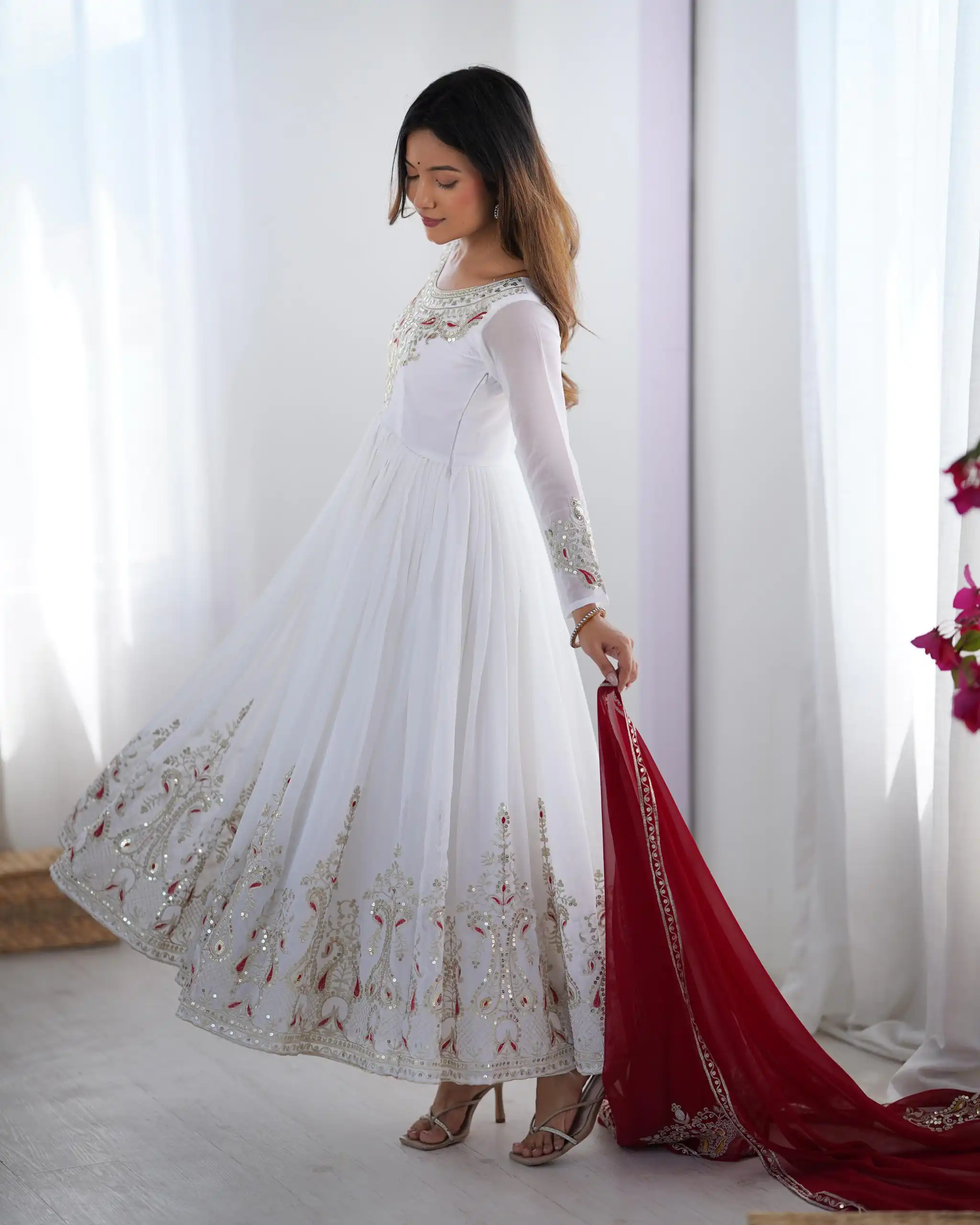 ZF 5008 White Georgette Gown with Embroidery Work. Wedding, Party, Festive, Events, Special Price ₹2049. Delivery 4-6 Working Days. Shop now. | Casual Suits, Jump Suits, Creative suits, Designer Suits, Palazzo Suits, Party Wear Suits, Patiala Suits, Salwar suit, Straight Suits