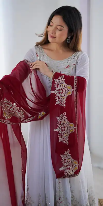 ZF 5008 White Georgette Gown with Embroidery Work. Wedding, Party, Festive, Events, Special Price ₹2049. Delivery 4-6 Working Days. Shop now. | Casual Suits, Jump Suits, Creative suits, Designer Suits, Palazzo Suits, Party Wear Suits, Patiala Suits, Salwar suit, Straight Suits