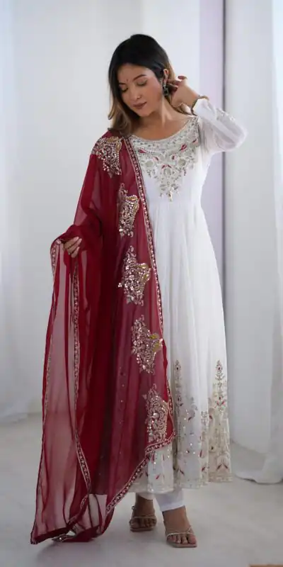 ZF 5008 White Georgette Gown with Embroidery Work. Wedding, Party, Festive, Events, Special Price ₹2049. Delivery 4-6 Working Days. Shop now. | Casual Suits, Jump Suits, Creative suits, Designer Suits, Palazzo Suits, Party Wear Suits, Patiala Suits, Salwar suit, Straight Suits