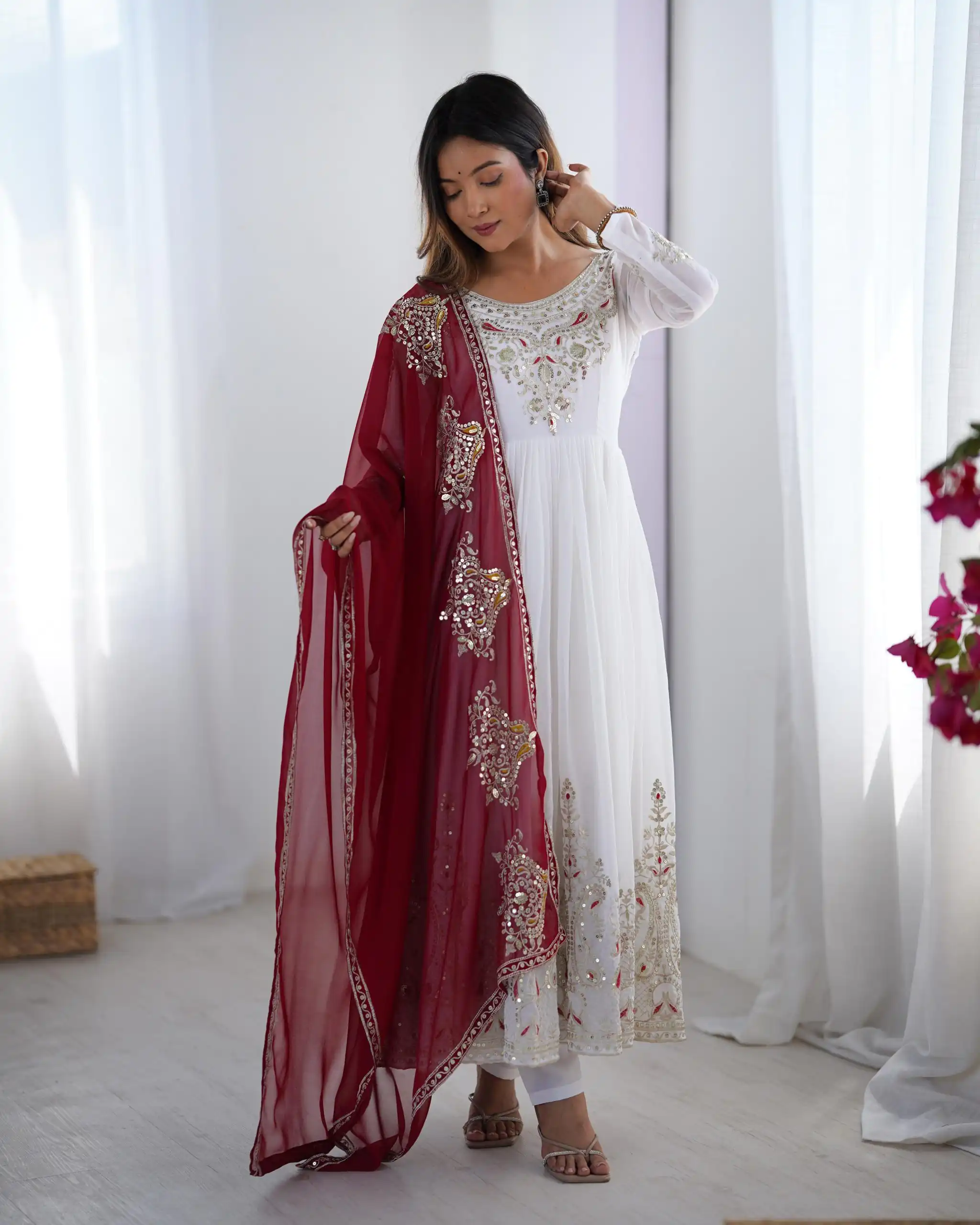 ZF 5008 White Georgette Gown with Embroidery Work. Wedding, Party, Festive, Events, Special Price ₹2049. Delivery 4-6 Working Days. Shop now. | Casual Suits, Jump Suits, Creative suits, Designer Suits, Palazzo Suits, Party Wear Suits, Patiala Suits, Salwar suit, Straight Suits