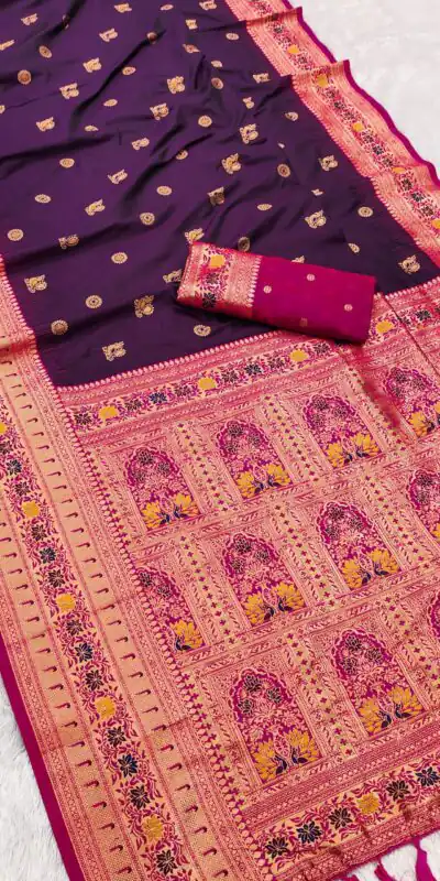 MB 18 Wine Color Banarasi silk Saree with Zari Work & Lace Work. Affordable Price ₹2449. Delivery 4-6 Working Days. Shop now. | Creative Sarees, Embroidered Sarees, Bollywood Sarees, Designer Sarees, Ethnic Saree, Modern Digital sarees, Party Wear Sarees, Sarees