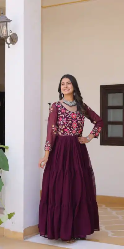 Ram 082 Wine Fox Georgette Gown Perfect for Wedding, Party, Sangeet, Durga Puja, Reception – . Grab it for ₹1849. Delivery 4-6 Working Days. Shop now. | Casual Suits, Jump Suits, Creative suits, Designer Suits, Palazzo Suits, Party Wear Suits, Patiala Suits, Salwar suit, Straight Suits