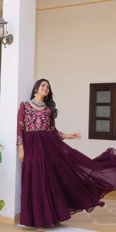 Ram 082 Wine Fox Georgette Gown Perfect for Wedding, Party, Sangeet, Durga Puja, Reception – . Grab it for ₹1849. Delivery 4-6 Working Days. Shop now. | Casual Suits, Jump Suits, Creative suits, Designer Suits, Palazzo Suits, Party Wear Suits, Patiala Suits, Salwar suit, Straight Suits